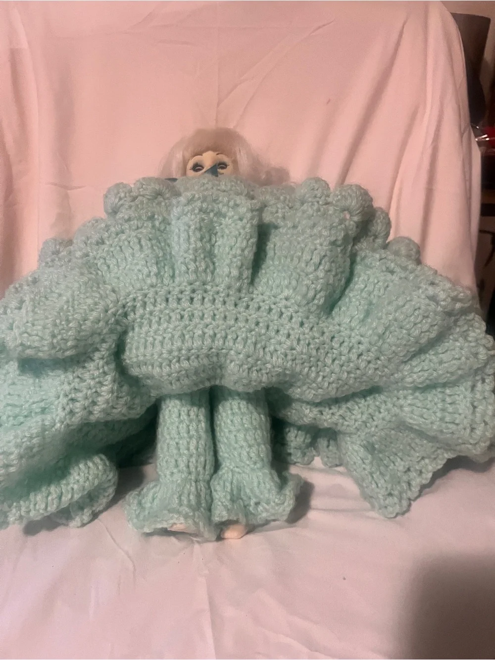 Vintage Doll with Handmade Light Aqua Crochet Dress with Ribbon Accents
